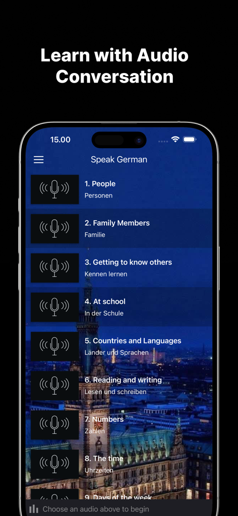 Screenshot der Lernen-App, der eine Liste deutscher Audio-Lektionen anzeigt, kategorisiert nach Themen wie Personen, Familie und Schule.