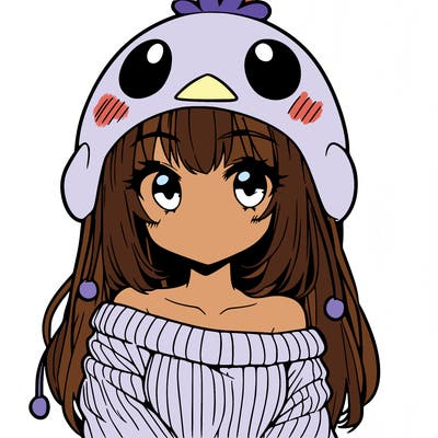 anime girl with chick shaped hat with sweater with bare shoulders with bangs covering them one eye with low tail