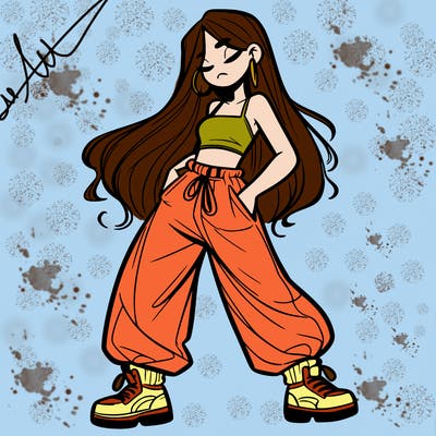 girl in baggy pants crop top and long hair