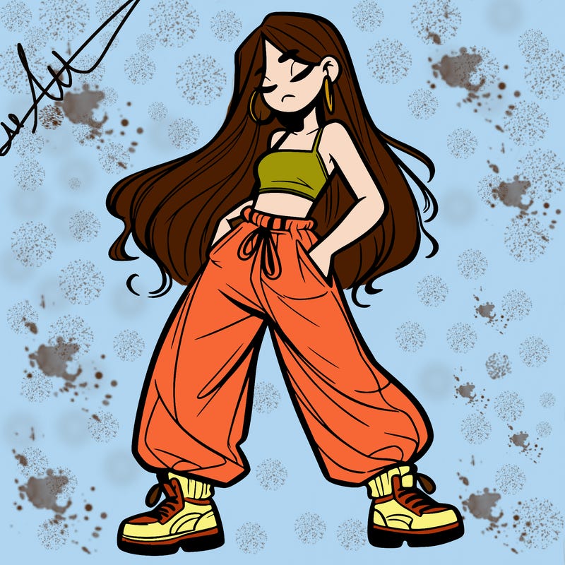 girl in baggy pants crop top and long hair