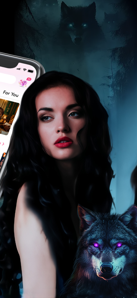 Eine Frau mit dunklen Haaren und roten Lippen neben einem Wolf mit leuchtend lila Augen, die eine Werwolf-Romanze aus der My Fiction App illustriert.