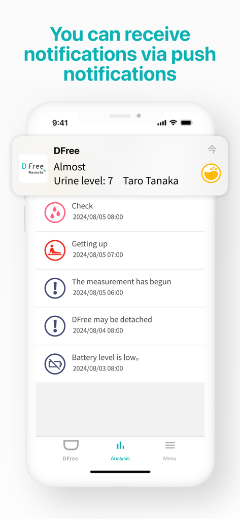 DFree Personal Remote (NEW) - Capture d'écran de l'application DFree Personal Remote montrant une notification push d'alerte pour un niveau d'urine élevé et une liste des alertes d'activité historiques sur un écran de smartphone.