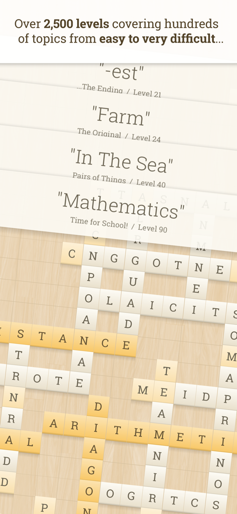 Alpha Omega - Ein Screenshot des Wortspiels Alpha Omega, der Levelkategorien wie Mathematik und Bauernhof mit einem Kreuzworträtselbrett zeigt.