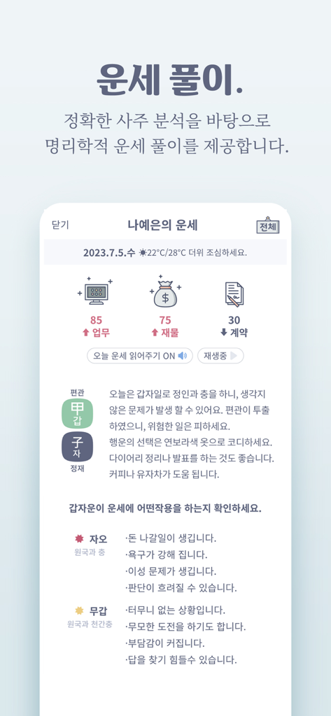 만세력 8자어때 - Interfaz de la aplicación 8ja-eottae que muestra un análisis detallado de la fortuna Saju con indicadores de trabajo y riqueza