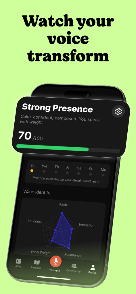 Voicepill: Voice Training - Voicepill app interface showing a voice identity radar chart and progress metrics for pitch and resonance.