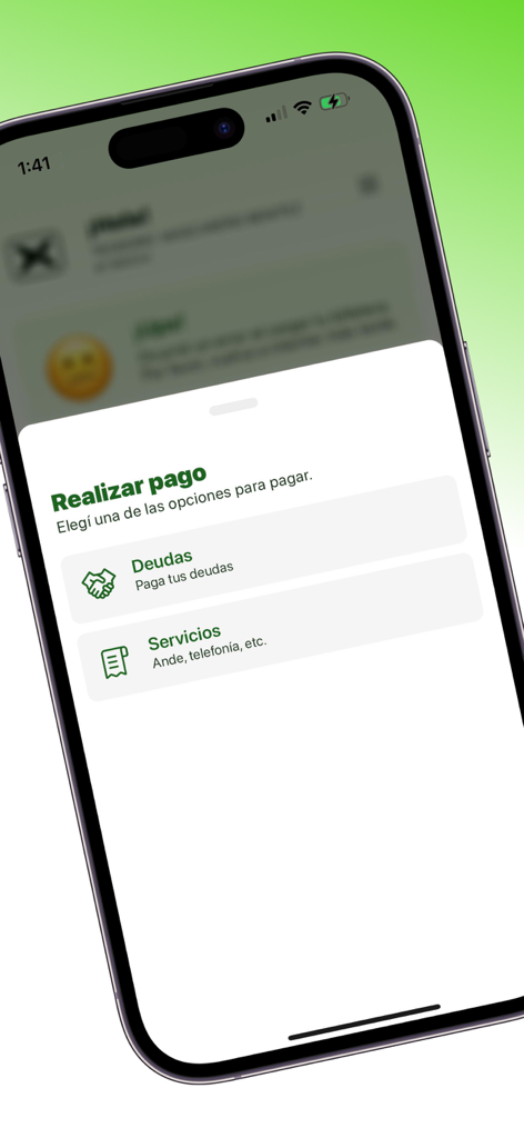 Pantalla de la aplicación móvil Nexo S.A. con opciones para pagar deudas y servicios.