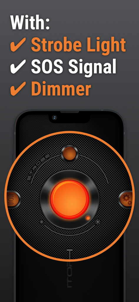 Interface d'application de lampe de poche affichant la lumière stroboscopique, le signal SOS et les commandes du variateur