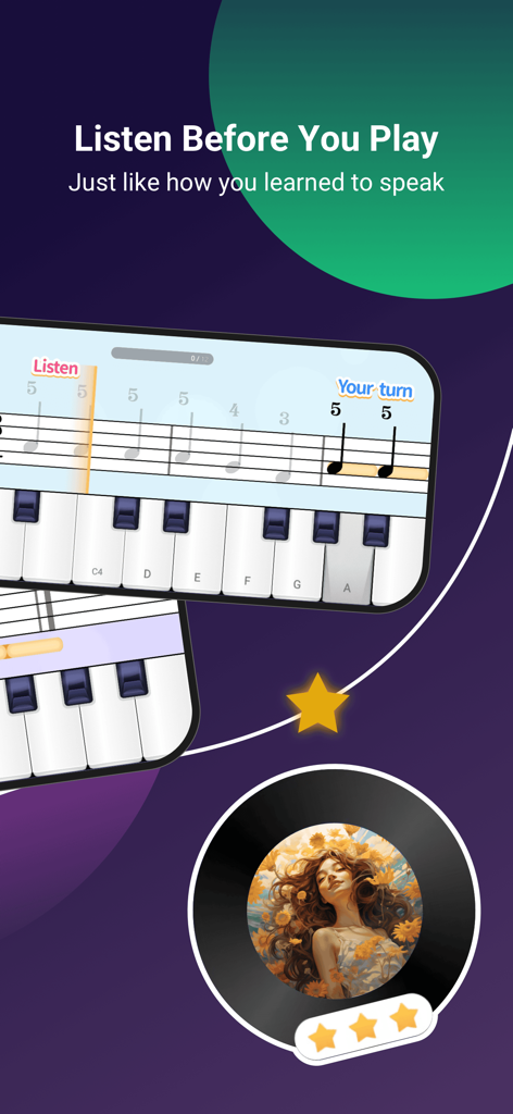 PianoDodo - Learn Piano Basics - A screenshot of the PianoDodo app showing a piano lesson with the text Listen Before You Play