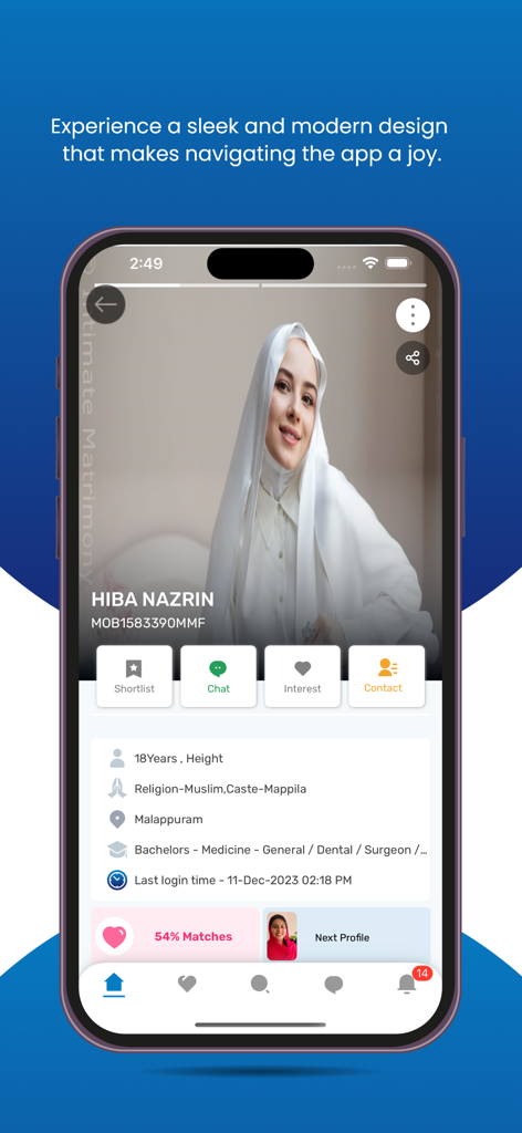 IntimateMatrimony - IntimateMatrimony app profile screen showing a user with professional and cultural details