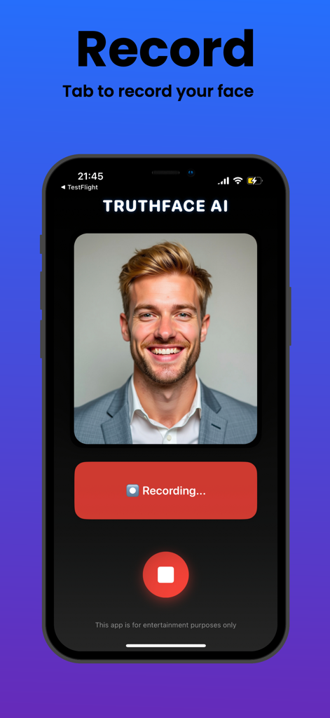 TruthFace AI: Face Analyzer - Interfaz de la aplicación TruthFace AI que muestra una grabación facial en tiempo real de un hombre sonriendo.
