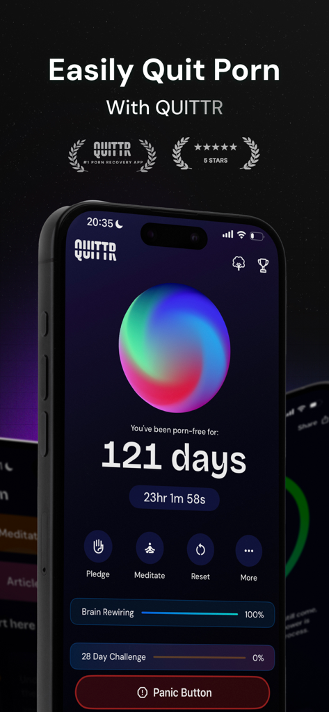 QUITTR: Quit Porn Now - QUITTR App Dashboard zeigt 121 Tage pornfreie Fortschritte mit Gehirn-Neuverdrahtung-Tracking und einem Panikknopf.