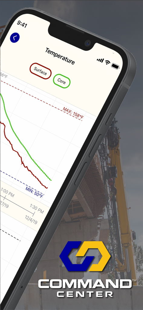 COMMAND Center™ Concrete 4 - COMMAND Center app interface displaying a real-time concrete temperature monitoring graph for surface and core data.