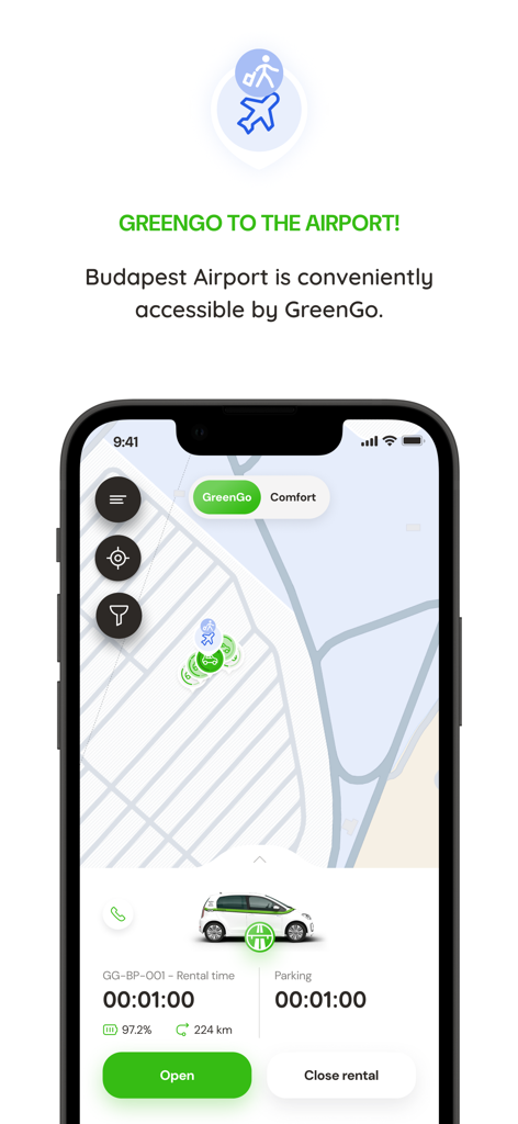 GreenGo - GreenGo mobile app interface showing electric car sharing availability for airport travel with a map and rental status