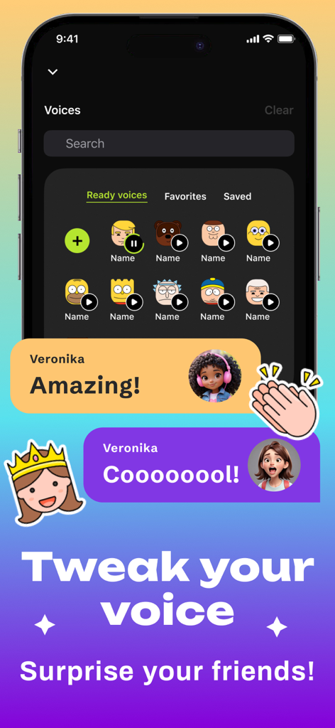 Auto Voice Tune app interface showing AI character voice selection and chat bubbles with social reactions.