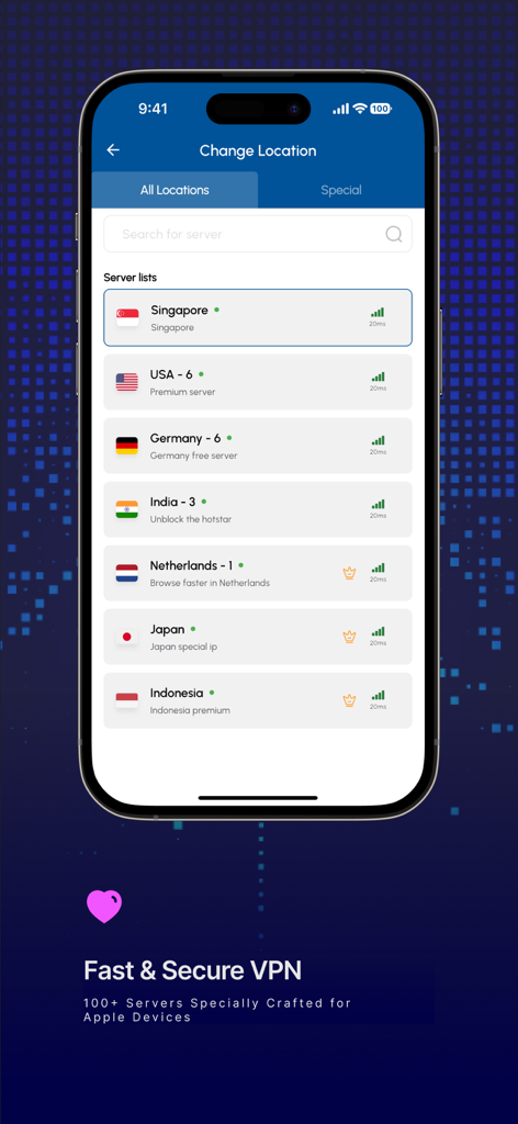 Shark VPN: Secure & Affordable - Shark VPN App-Oberfläche, die eine Liste weltweiter Serverstandorte mit Verbindungsgeschwindigkeiten anzeigt