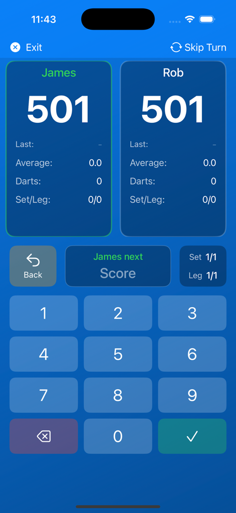Darts Scores - Darts Scores app 501 game tracker showing player scores and numeric keypad