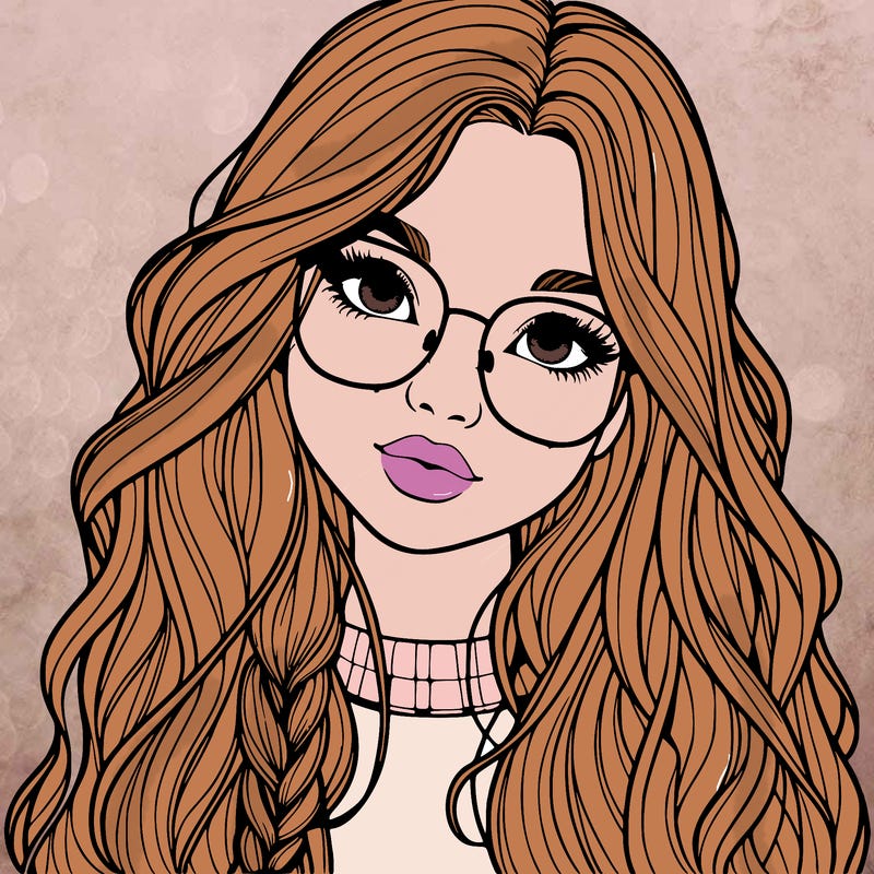 girl with long hair and freckles and glasses realistic