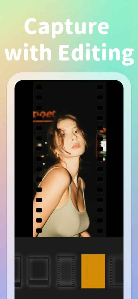 LightCam - Selfie Glow Camera - LightCam app showing a photo with a film strip border and vintage filter selection.