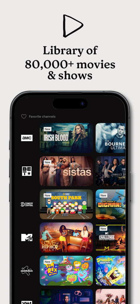 Philo app interface showing a large collection of movies and shows from various cable channels like AMC MTV and Nickelodeon