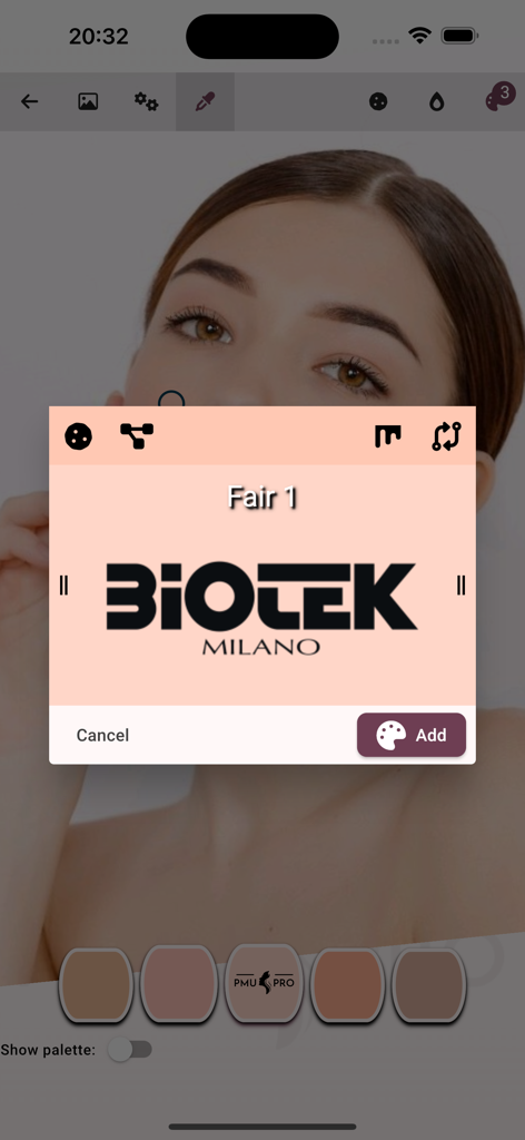Auswahl von Biotek Milano Pigment für helle Haut in der PMU Pro App