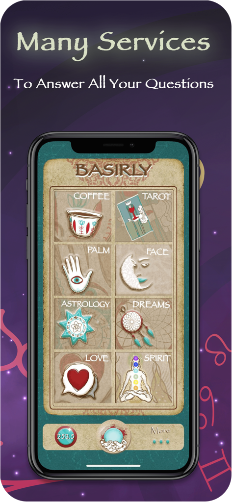 Basirly - Coffee Tarot reading - Smartphone screen showing Basirly app menu with icons for coffee reading tarot palmistry and astrology