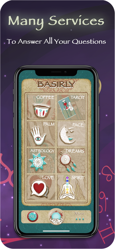 コーヒー占い、タロット、手相、占星術のアイコンが表示されたBasirlyアプリメニューのスマートフォン画面