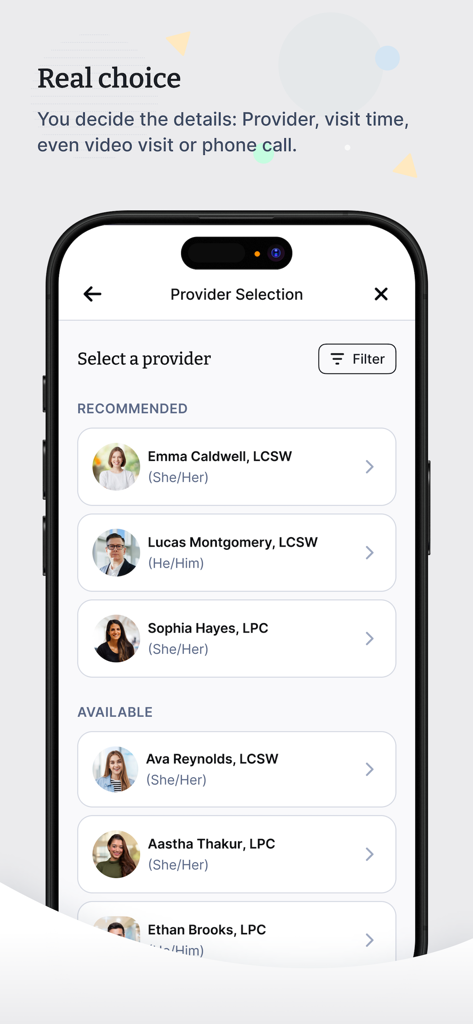 Interface of the TimelyCare app showing a list of mental health providers with their names, credentials, and pronouns for student selection.