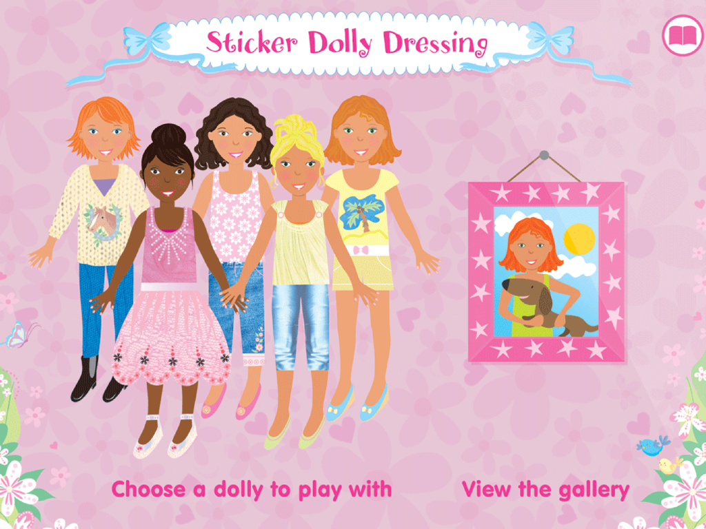 Main menu screen of the Usborne Sticker Dolly Dressing app featuring five diverse dolls to choose from for dress up play.