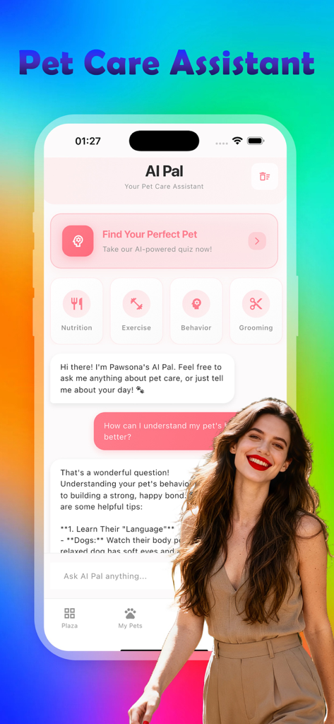 Leno：share happy life - Pantalla de smartphone que muestra el Asistente de Cuidado de Mascotas con IA de la aplicación Leno con interfaz de chat y categorías de cuidado de mascotas como nutrición y aseo.