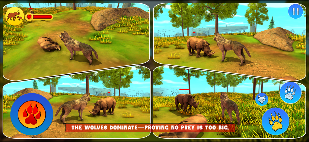 Wolf Simulator: Wild Craft RPG - Wolf Simulator Wild Craft RPGのゲームプレイ画面は、オオカミが荒野の環境でサイに立ち向かう様子を示している。