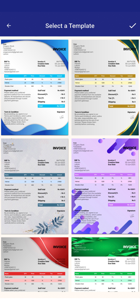 A selection of six colorful and professional invoice templates within the AI Invoice Maker app.