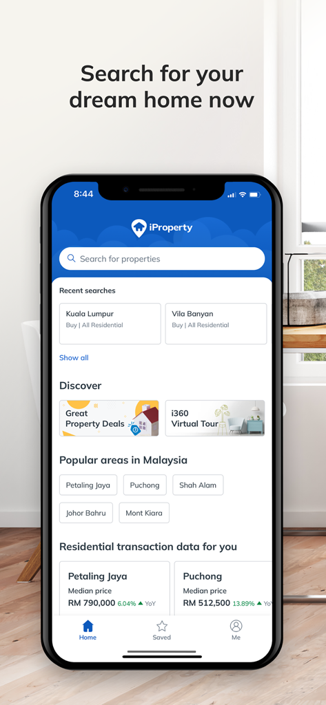 iProperty Malaysia - Home search interface of iProperty Malaysia app featuring popular areas and property transaction data