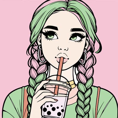 realistic girl with braided hair drinking boba