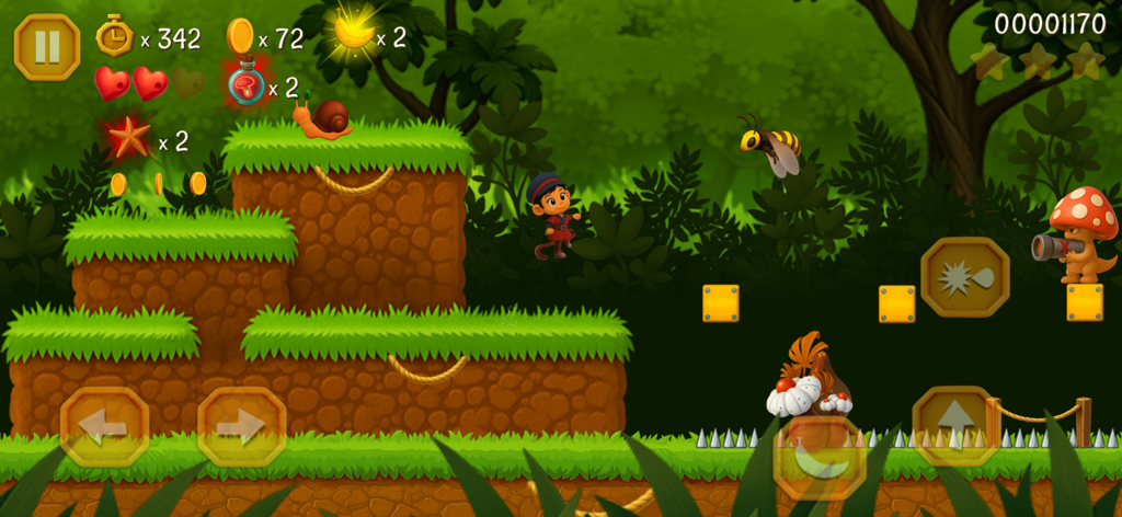 Super Kong Jump - Monkey Bros - Gameplay screenshot of Super Kong Jump Monkey Bros showing a monkey character jumping through a vibrant jungle level with enemies