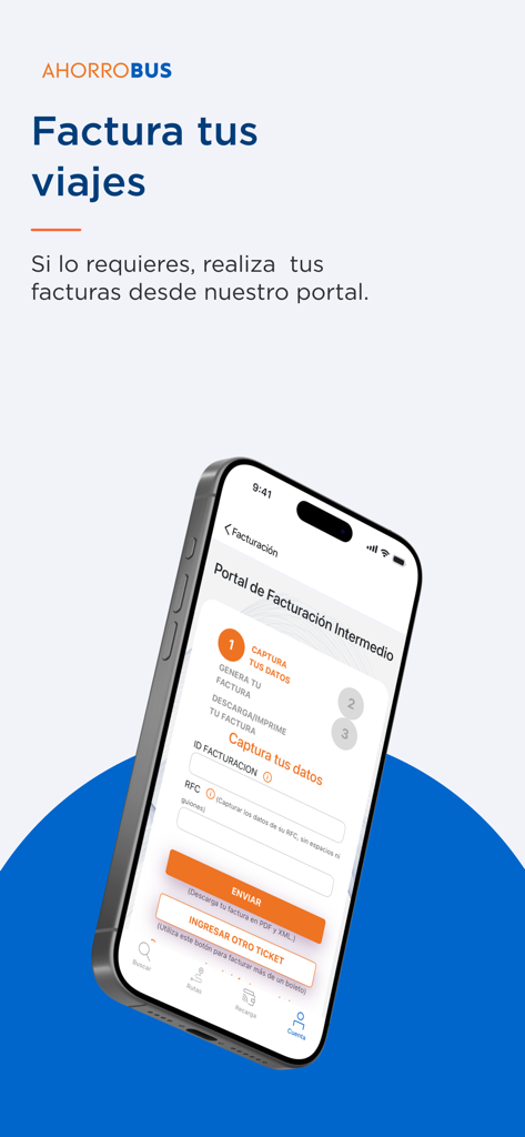 AHORROBUS - Interface of AHORROBUS app showing the travel billing and invoice generation portal