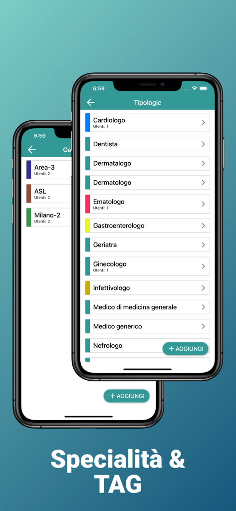 ISF Agenda Lite - ISF Agenda Lite app interface showing medical specialties and custom tags for pharmaceutical representatives