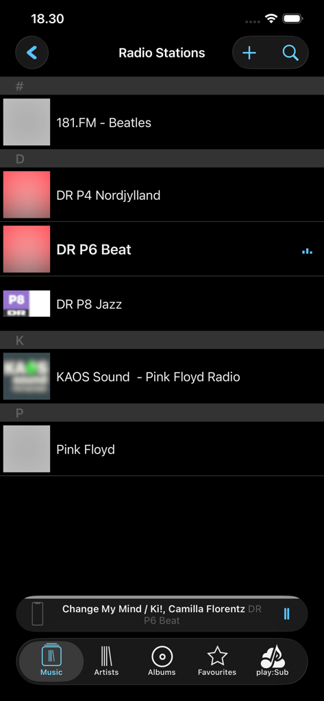 Interfaz que muestra una lista de estaciones de radio por Internet en la aplicación play:Sub Music Streamer.