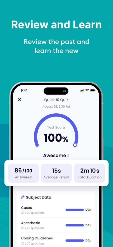 Medical Coding Exam Prep 2026 - La aplicación de preparación para el examen de codificación médica muestra resultados de cuestionarios del 100 por ciento y datos de rendimiento por materia.