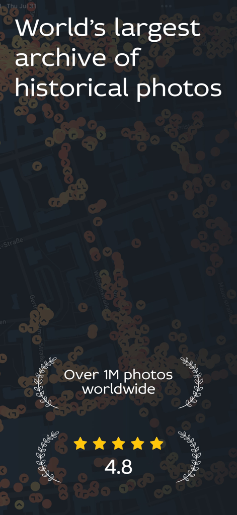 Historic photos - Time Portal - An app screenshot showing a map with over one million historical photos and a four point eight star rating.