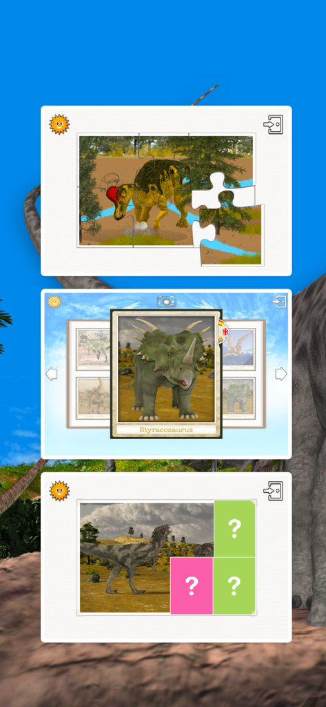 Dinosaurs & Ice Age Animals - A display of dinosaur jigsaw puzzles animal cards and quiz games for children