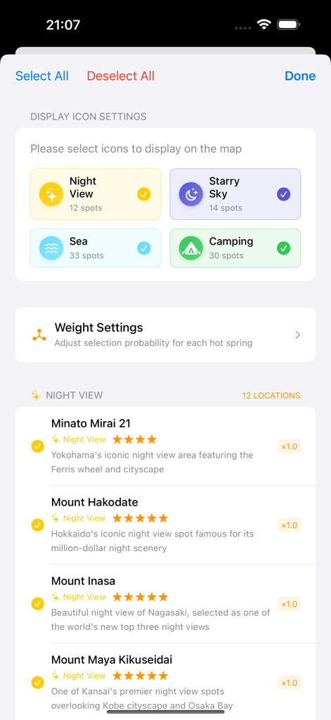 일본 여행 지도 앱의 야경 및 캠핑과 같은 범주에 대한 디스플레이 아이콘 설정과 최고 평점 목록