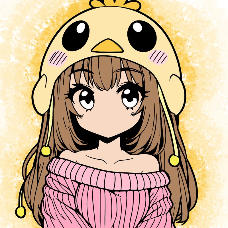 anime girl with chick shaped hat with sweater with bare shoulders with bangs covering them one eye with low tail