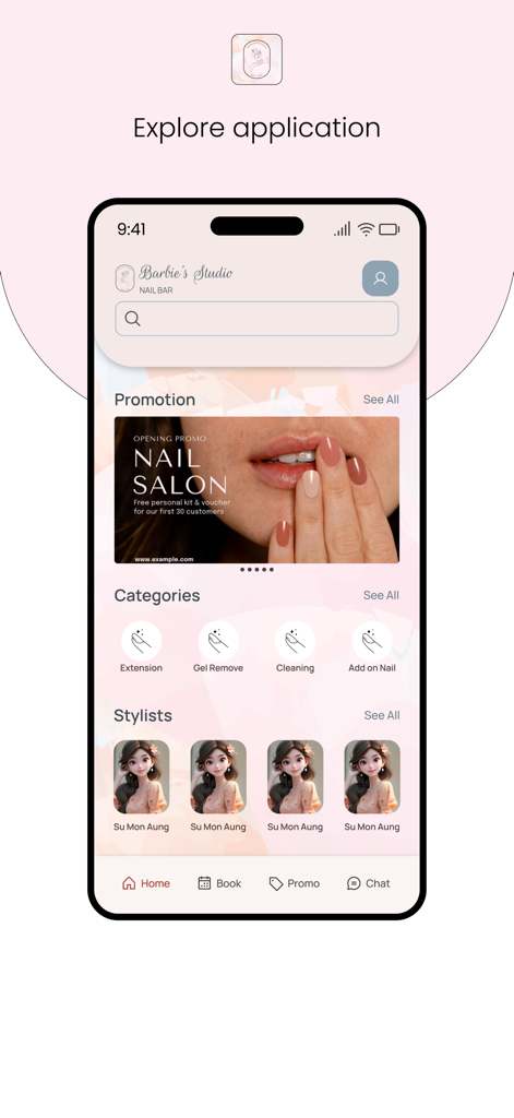 Barbie's Studio - Home screen of the Barbies Studio nail salon app displaying service categories and stylist profiles
