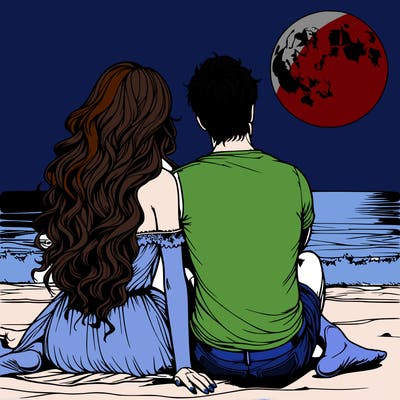 realistic couple on beach sat looking out to sea under the moon woman has long wavy hair man has short hair