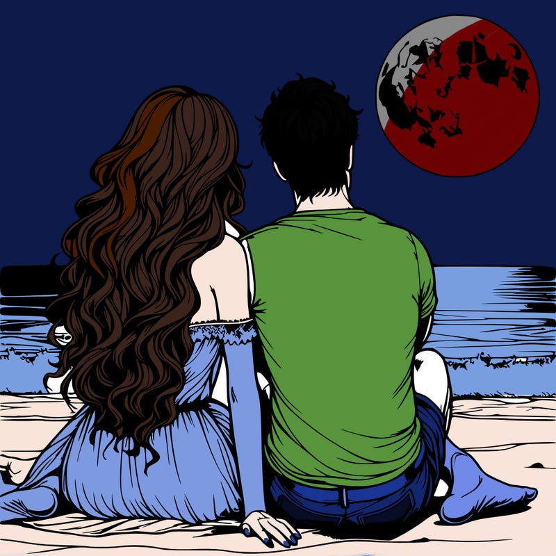 realistic couple on beach sat looking out to sea under the moon woman has long wavy hair man has short hair