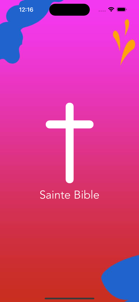 French Bible - Offline - Pantalla de inicio de la aplicación Biblia en Francés sin conexión con una cruz blanca y el texto Sainte Bible sobre un fondo vibrante rosa y rojo.