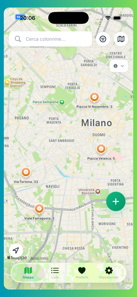 Free Charging Stations - Interaktive Karte, die kostenlose E-Ladestationen in Mailand, Italien, anzeigt