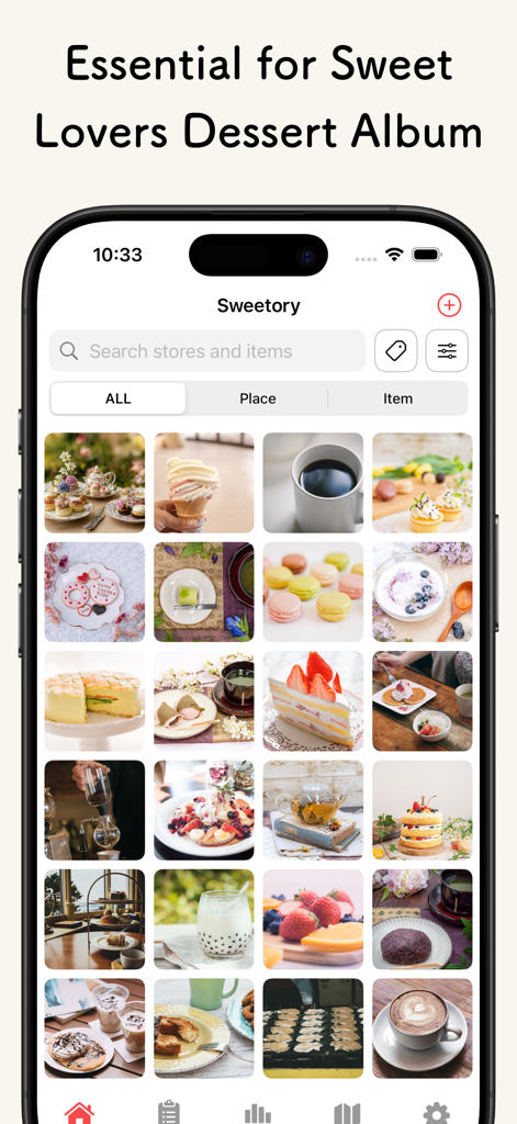 Sweetory - Log your sweets - Sweetory app screen featuring a visual grid of dessert and coffee photos