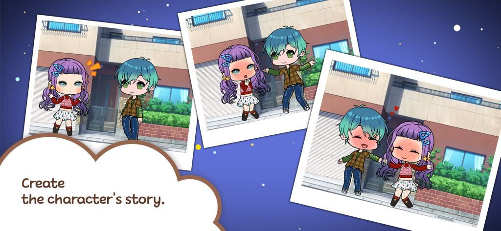 Character Life: Anime Dress up - Zwei Anime-Charaktere interagieren in Polaroid-artigen Fotos, die die Story-Erstellungsfunktion illustrieren