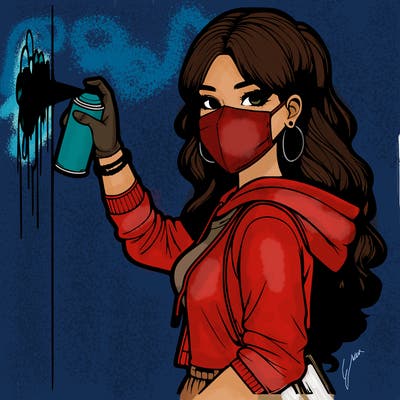 realistic girl with mask spray painting a wall